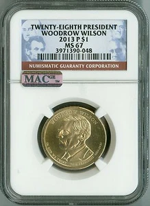 2013 P NGC MS67 $1 28TH President Wilson Dollar, 2nd Finest Registry, Spotless - Picture 1 of 3