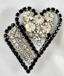 Spilla/pendente doppio cuore strass trasparente e nero vintage - Foto 1 di 9