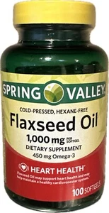 Spring Valley Flaxseed Oil Softgels Dietary Supplement, 1,000 mg, 100 Count - Picture 1 of 6