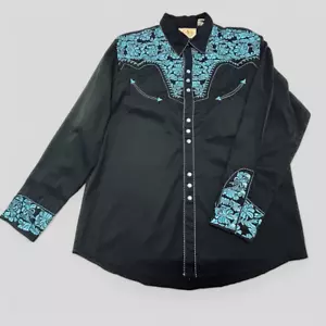 Scully Mens Western Pearl Snap Front Shirt Size XL Black Blue Embroidered Horse - Picture 1 of 17