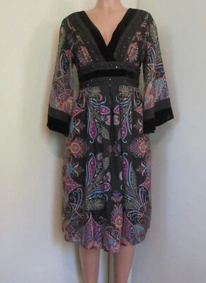 DERHY VINTAGE SILK BLACK MULTI-COLOR FLORAL PRINT BOHO TIE EMPIRE WAIST DRESS, M - Image 1 of 4