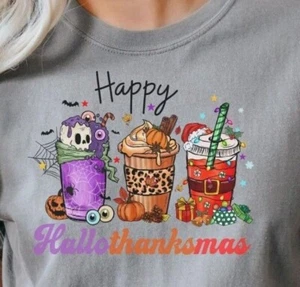 Cute Halloween T-Shirt, Womens Fall Tee, Funny Christmas Shirt, Hallothanksmas - Picture 1 of 14
