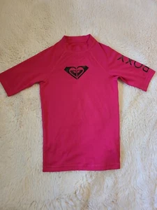 ROXY Heart Girls PINK Logo RASH GUARD Swim Poly Spandex UV SHIRT sz M 10 ec - Picture 1 of 5