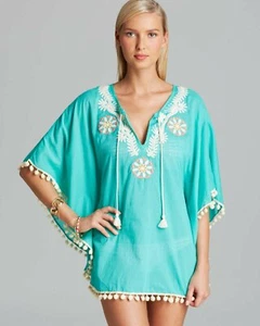 OndadeMar Illusion Pom Pom Poncho Embroidered swim cover up caftan - Picture 1 of 6