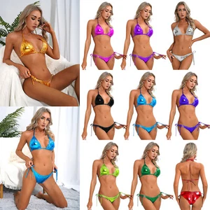 DE Damen Metallic Bikini glänzend Badeanzug Lackleder BH Mit Slips Sexy Bademode - Bild 1 von 80