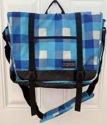 BONITO GRANDE Jansport AZUL GRIS A CUADROS ~ PORTÁTIL Bolso Mensajero 17" X 13" Foto 1 de 4
