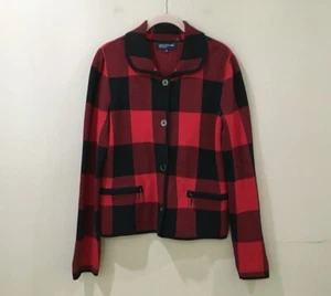 Jones New York Signature black Red Buffalo plaid  Cardigan Sweater Size M New - Picture 1 of 5