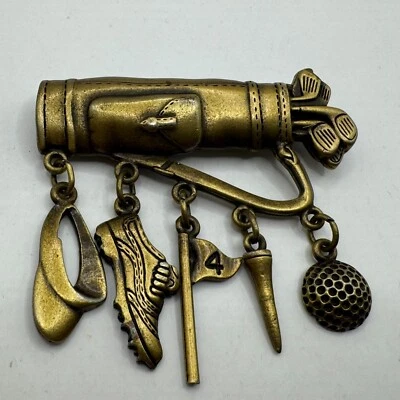 Брошь на булавку клюшки для гольфа JJ 5 висячих амулетов винтажная латунь 2 дюйма сумка козырек мяч - Изображение 1 из 4