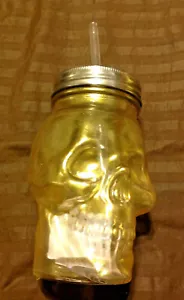 Skull Mason Jar with Straw 16oz - Gold cast Sipper Glass Cup with Lid NEW - Picture 1 of 5