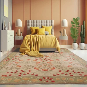 Multi Sizes ACELENE BOTANICAL FLORAL Handmade Transitional Wool Area Rug Beige - Picture 1 of 11