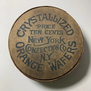 Antigua caja despensa de madera redonda obleas naranjas cristalizadas New York Confection Co. - Imagen 1 de 8