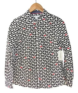 Charter Club Size Petite S Black White Red Scottie Dog Print Button Front Top - Picture 1 of 5