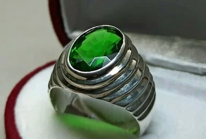 6 Carat Oval Cut Deep Green Peridot Sterling Silver 925 Handmade Beryl Mens Ring - Picture 1 of 12