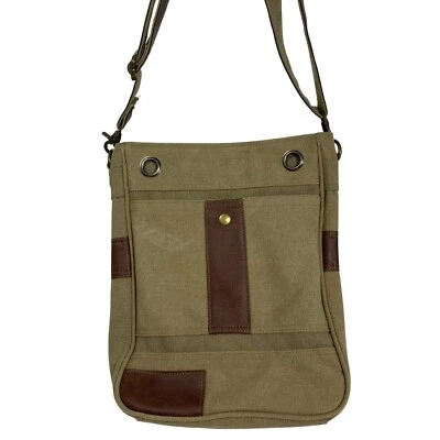 Heavy Khaki Canvas Faux Leather Trim Messenger Satchel Crossbody Bag Pockets EUC - Image 1 of 4