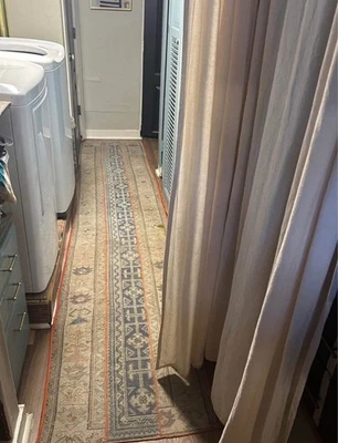 Vintage Turkish Runner, 11x2 feet, wool, blue, tan and orange - Image 1 of 4