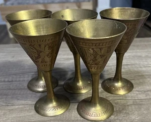 Etched Brass Wine Goblet India Table Top Decor Vintage Beware 5 Small Solid Cups - Picture 1 of 9