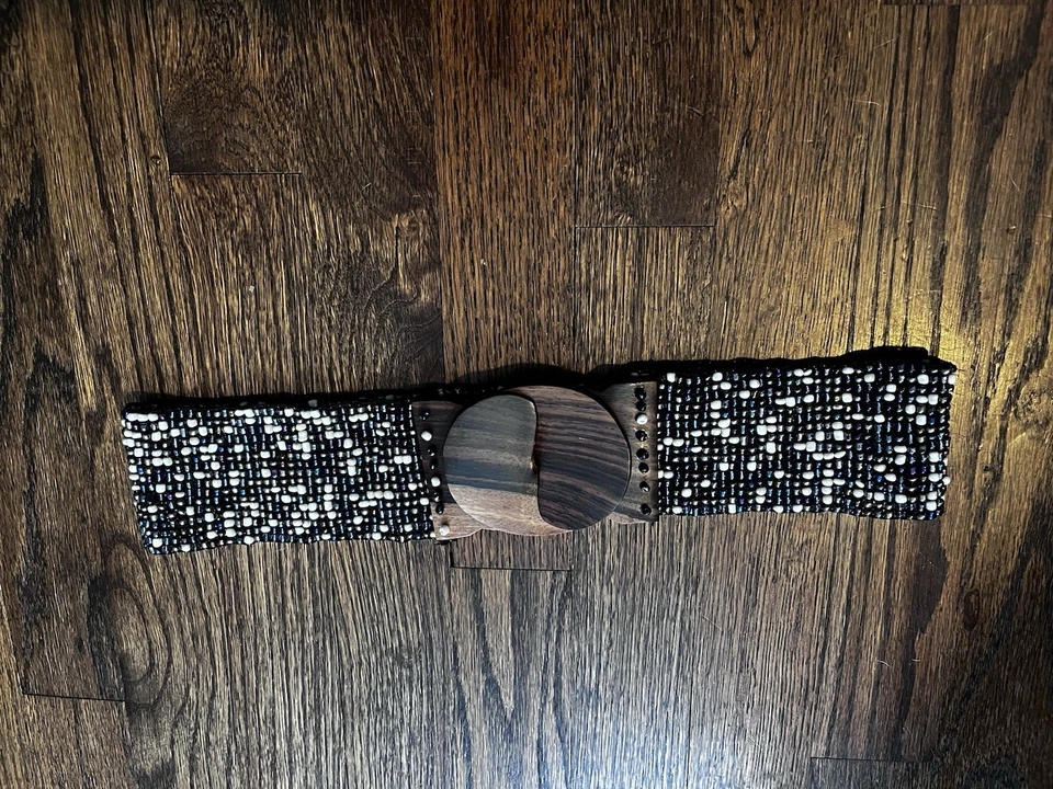 Beaded Belt Stretch Multicolor Large Wooden Clasp Buckle - Image 1 of 4