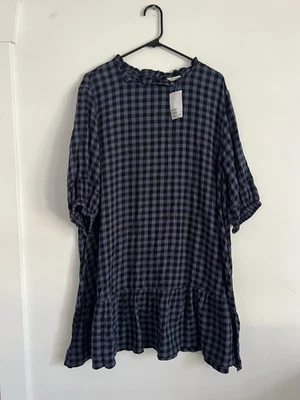 Vestido quadriculado feminino H&M preto e azul tamanho XL manga curta novo com etiquetas - Imagem 1 de 4