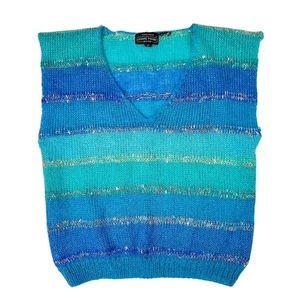 Jeanne Pierre Mujeres Suéter Chaleco Pequeño Azul Rayas Vintage Mezcla Mohair - Imagen 1 de 3