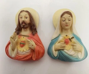 Vintage Gips Herz Jesu & Unbeflecktes Herz Mariens Wandbehang - Bild 1 von 8