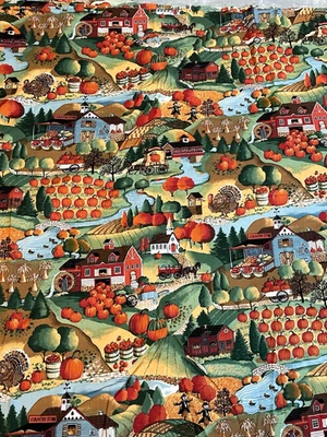 Fall Themed Cotton Fabric Country Town Pumpkins 4yd x 43 Wide - Image 1 of 4