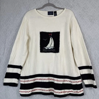Vtg Sailboat Sweater Womens 2X Cream Embroidered Knit Nautical Coastal Americana - Image 1 of 4