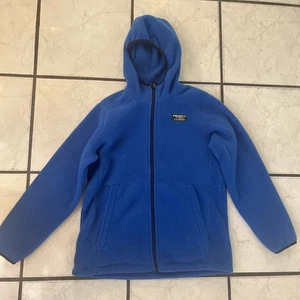 LL Bean Boys L (14-16) Hooded Fleece Jacket Full Zip Blue Gray Logo EUC - Picture 1 of 7