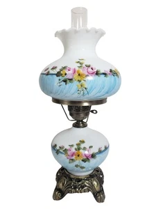 Vintage Hurricane Lamp White and Blue with Pink Roses & Flowers 20" - 23" Tall - Picture 1 of 14