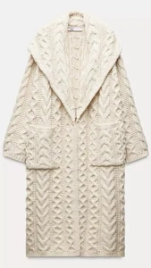BNWT ZARA LONG CABLE-KNIT COAT ECRU NEW FW24/25 SIZE L REF. 3653/109 - Picture 1 of 5