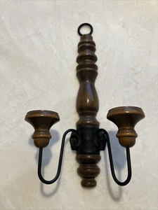 Vintage Homco Brown Wood & Black Metal Double Candle Wall Sconce - Picture 1 of 7