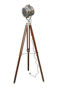 Lámpara de pie cromada con trípode de madera hecho a mano reflector náutico p... - Imagen 1 de 3
