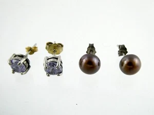2 Pairs of Sterling Silver Earrings Purple Gem and Brown Cultured Pearl Studs - Picture 1 of 10