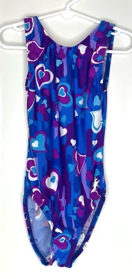 Snowflake Designs Child Large CL Gymnastics Leotard Blue Purple Hearts Nylon - Image 1 of 4