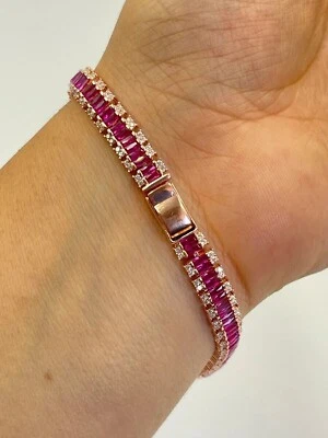 9Ct Baguette Cut Lab Created Ruby Diamond Tennis Bracelet 14K Yellow Gold Finish - Image 1 of 4