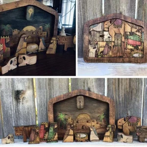 Wooden Statue Nativity Scene Set Baby Jesus Holiday Crib Figurines Decor Puzzle - Picture 1 of 7