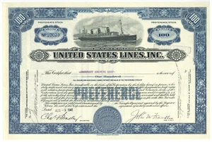 United States Lines, Inc. Aktienzertifikat. 1941 - Bild 1 von 1