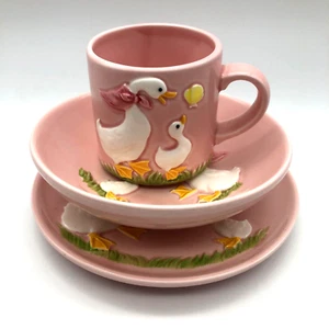 VTG George Good Pink Ceramic Childrens Plate Cup Bowl With Mother Goose & Baby - Picture 1 of 7