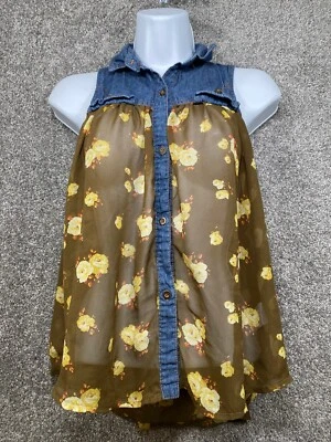 Dream Out Loud Selena Gomez XS Green Floral Sheer Denim Blouse Top - Image 1 of 4