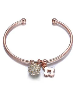 NEW Designer 18kt Rose Gold Plated Crystals Ball Flower Charms Cuff Bracelet - Picture 1 of 1
