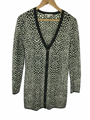 Cárdigan suéter largo Isaac Mizrahi Live para mujer XS negro/blanco estampado animal Foto 1 de 4
