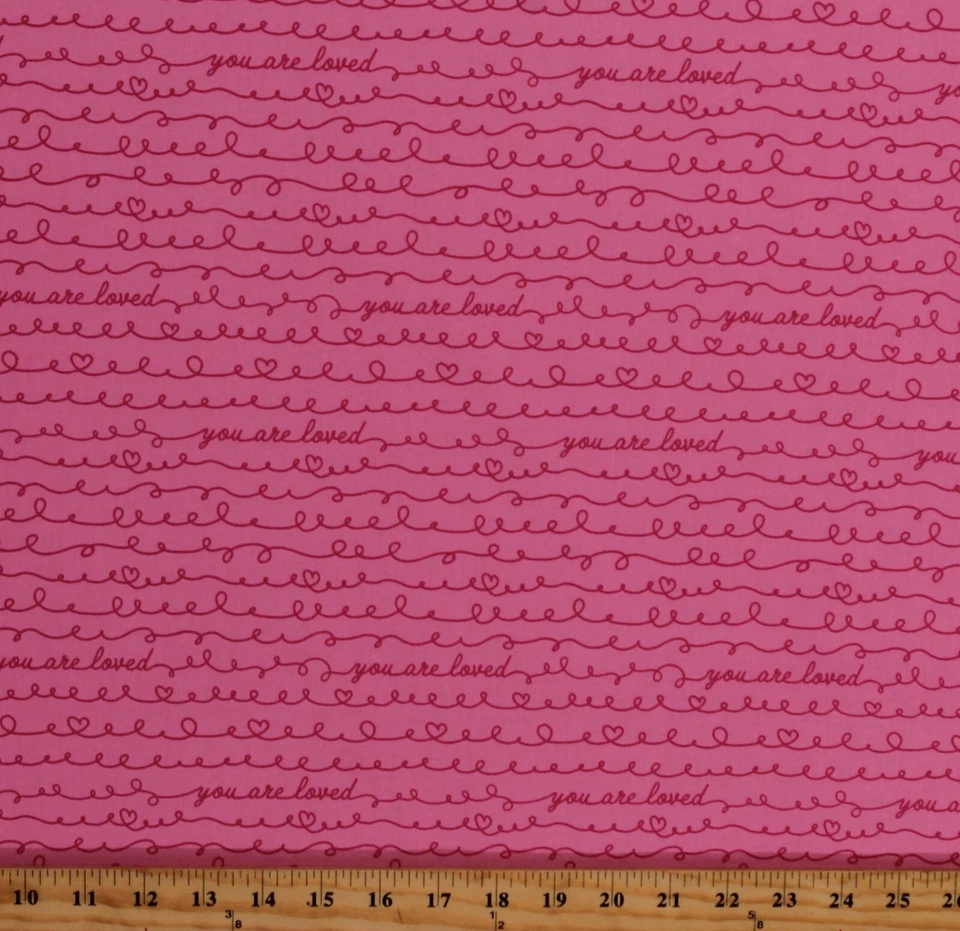 Cotton You Are Loved Cursive Words Hearts Pink Fabric Print by the Yard D380.53 - Image 1 of 1