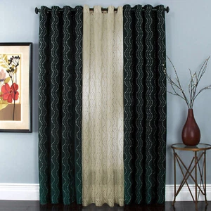 Black Embroidered Stripes Faux Silk Lined Grommet 108" Window Curtain Panel Pair - Picture 1 of 4