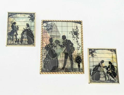 Set of 3 Vintage Silhouette Reverse Painting On Glass Convex Romantic Counples Cover