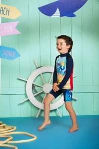 Boys Swimsuit Long Sleeve Rashguard 2 Piece Set with UPF 50+ Sun Protection - Picture 1 of 6