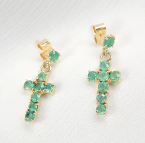 Colombian Emerald Cross Earrings 1.60 Cts Round shape 18K Yellow Gold Muzo Mines - Picture 1 of 14
