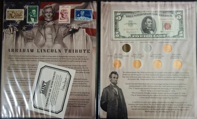 USA AMRAHAM LINCOLN TRIBUTE (1943-2009) 1963 $5 DOLLARS AU /MNH 4 Stamps+7 coins - Image 1 of 4