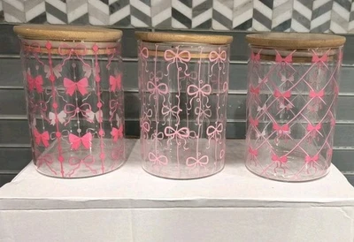 Nib New Set of 3 Pink Bow Glass Bathroom Vanity Candy Storage Jars Containers - Image 1 of 4