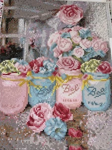 COMPLETED Diamond Art PINK & BLUE FLOWERS IN JARS Unframed 15.5”x11.5” LOVELY - Picture 1 of 6