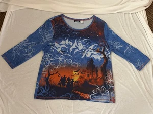 Halloween Womens XXL Haunted House, Ghosts, Trick Or Treaters 3/4 Sleeve Top - Picture 1 of 3