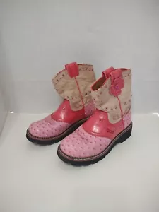 Ariat Size 5 Youth Girl Pink Ostrich Print Tan Suede Flower Jewels Cowgirl Boots - Picture 1 of 17